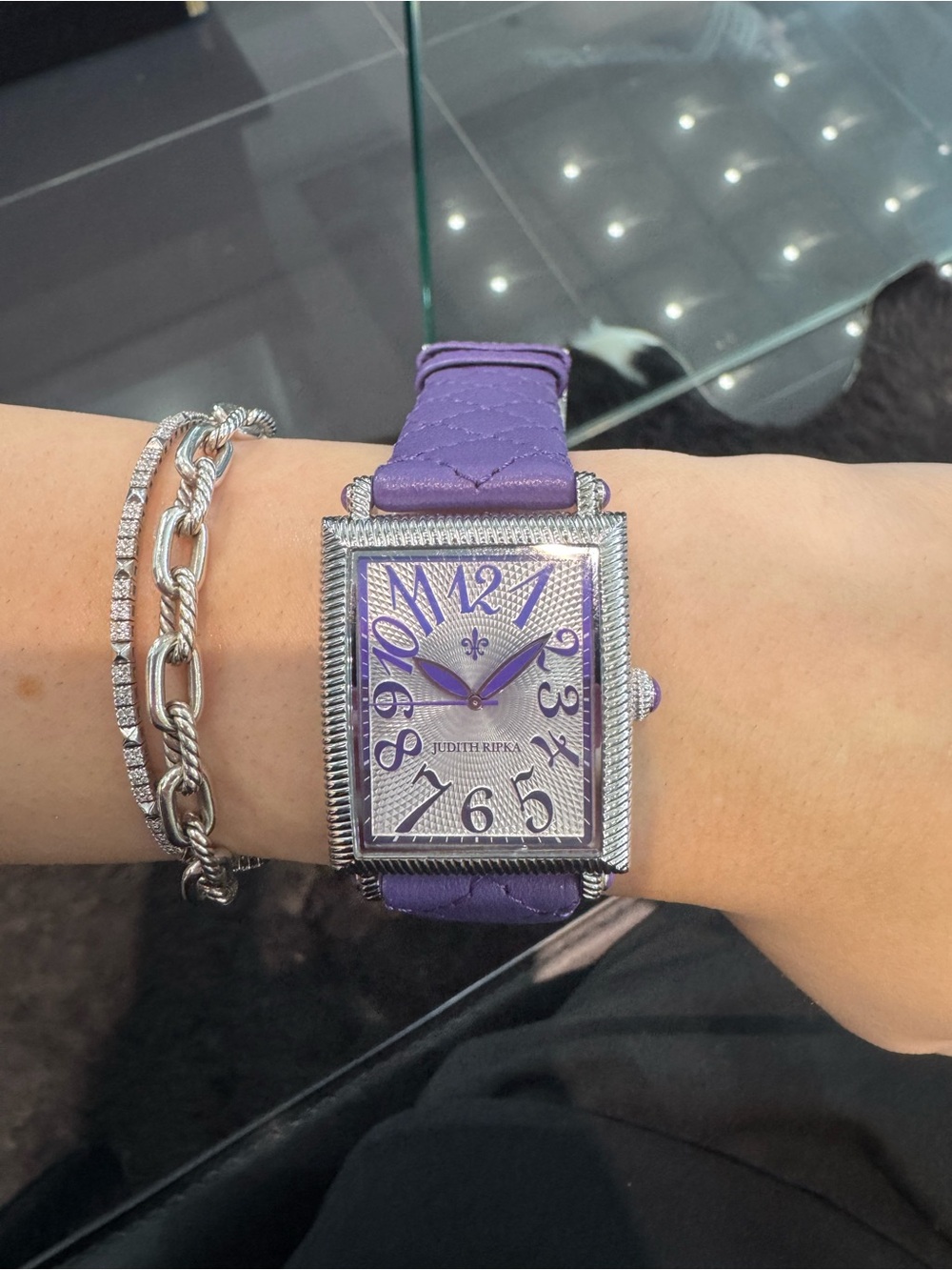 New Judith Ripka Stainless Steel Quilted Leather Tank Watch – Purple